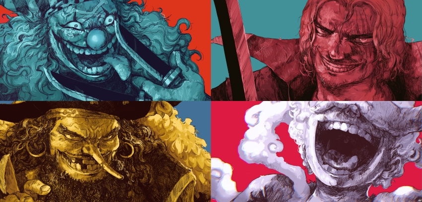 4boys, absurdres, arm_up, artist_name, beard, buggy_the_clown, chromatic_aberration, clown, clown_nose, covered_eyes, covering_own_eyes, creepy, dagger, earrings, facial_hair, forehead, forehead_tattoo, furrowed_brow, gear_fifth, gloves, grin, half-closed_eyes, hand_up, happy, hat, headband, high_collar, highres, holding, holding_dagger, holding_knife, holding_sword, holding_weapon, hoop_earrings, jewelry, knife, laughing, long_hair, long_nose, looking_at_viewer, makeup, male_focus, manly, marshall_d._teach, missing_tooth, monkey_d._luffy, multiple_boys, one_piece, open_mouth, pirate_costume, pirate_hat, portrait, realistic, scar, scar_across_eye, scar_on_face, serbianhero, shanks_(one_piece), short_hair, sidelocks, signature, simple_background, smile, smoke, spoilers, stubble, sword, tattoo, teeth, tongue, tongue_out, uvula, v-shaped_eyebrows, veins, weapon