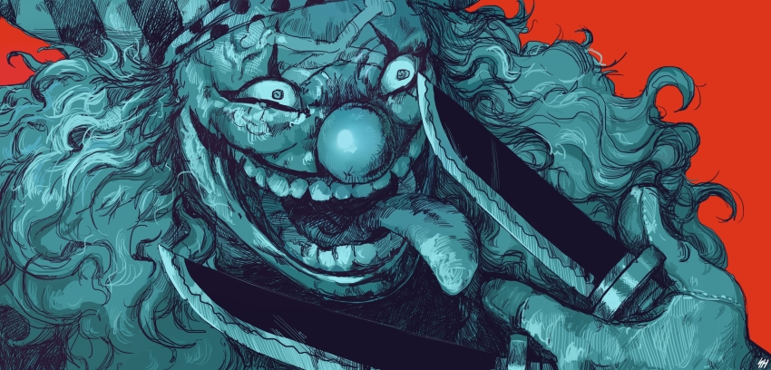 1boy, artist_name, buggy_the_clown, clown, clown_nose, dagger, forehead_tattoo, gloves