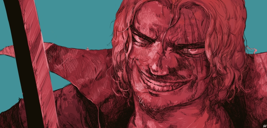 1boy, artist_name, blue_background, facial_hair, forehead, furrowed_brow, grin, happy