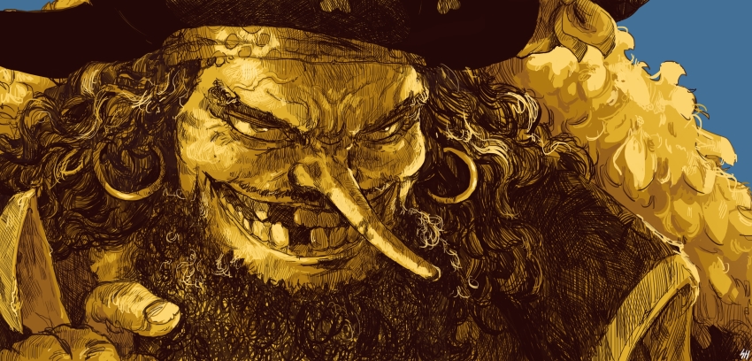 1boy, artist_name, beard, blue_background, earrings, facial_hair, furrowed_brow, grin