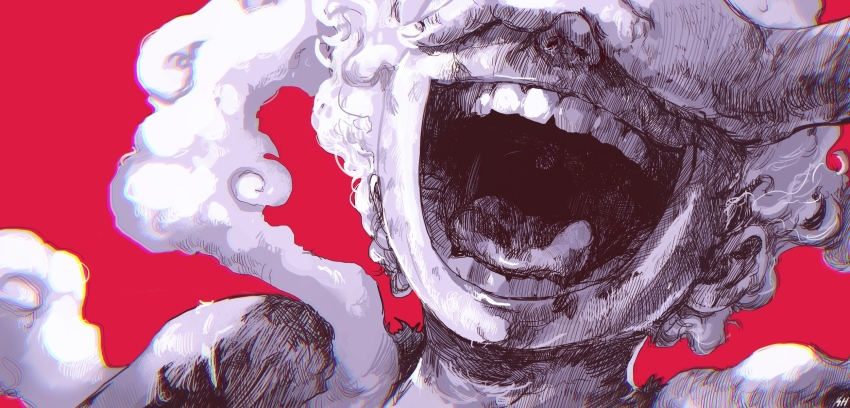 1boy, arm_up, artist_name, chromatic_aberration, covered_eyes, covering_own_eyes, gear_fifth, happy, highres, laughing, male_focus, monkey_d._luffy, monochrome, mouth_focus, one_piece, open_mouth, portrait, realistic_teeth, red_background, serbianhero, short_hair, signature, simple_background, smile, smoke, solo, spoilers, teeth, tongue, uvula