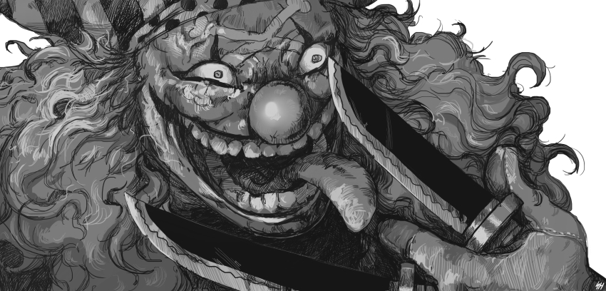 1boy, artist_name, buggy_the_clown, clown, clown_nose, dagger, forehead_tattoo, gloves