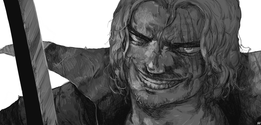 1boy, artist_name, facial_hair, forehead, furrowed_brow, greyscale, grin, happy