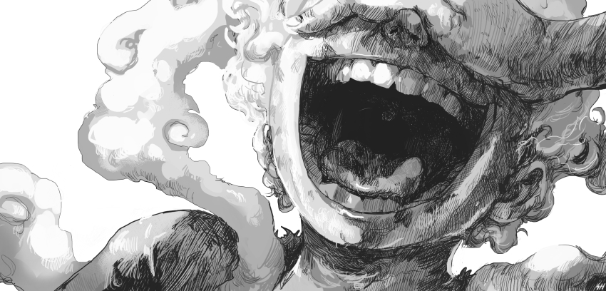1boy, arm_up, artist_name, covered_eyes, covering_own_eyes, gear_fifth, greyscale, happy, highres, laughing, male_focus, monkey_d._luffy, monochrome, mouth_focus, one_piece, open_mouth, portrait, realistic_teeth, serbianhero, short_hair, signature, simple_background, smile, smoke, solo, spoilers, teeth, tongue, uvula, white_background