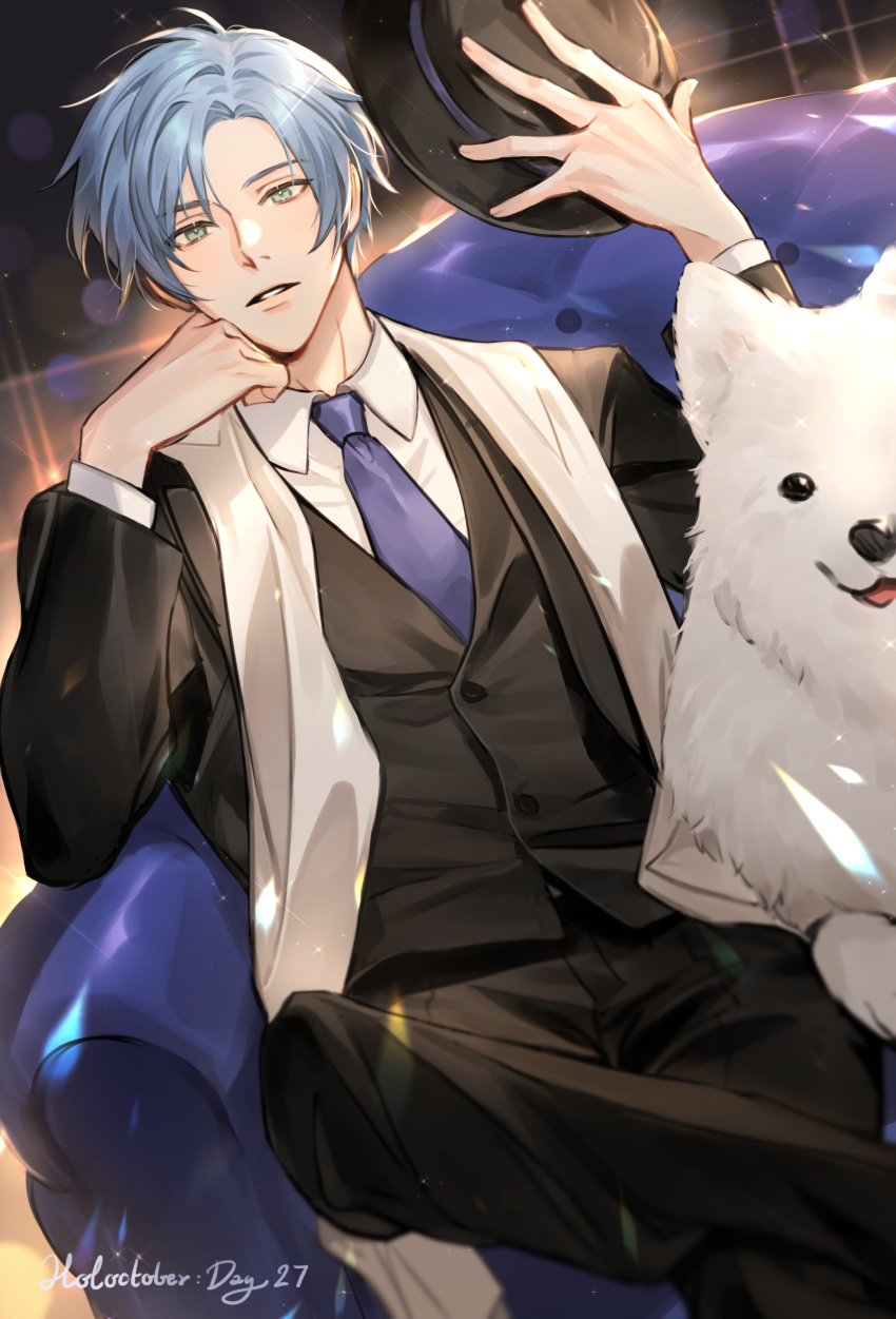 absurdres, black_hat, blue_eyes, blue_hair, cropped_legs, dog, formal_clothes, gangster
