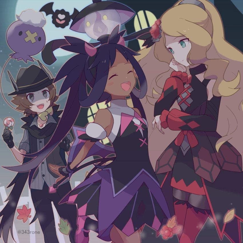 1boy, 2girls, :d, armlet, bare_shoulders, black_choker, black_dress, black_hairband