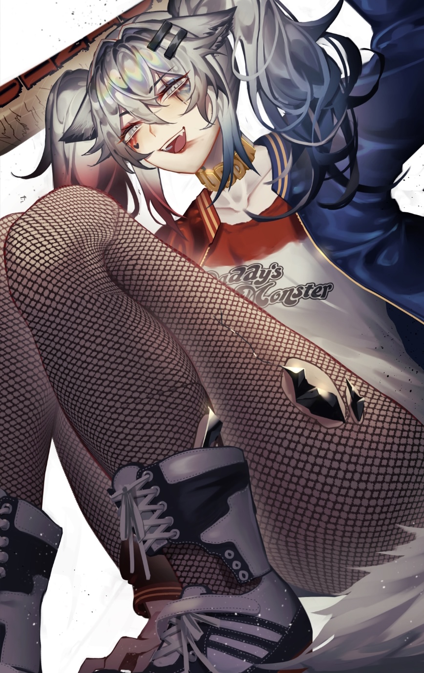 1girl, :d, animal_ears, arknights, arm_up, blood, blood_on_face, blue_hair, blue_jacket, boots, clothes_writing, collar, collarbone, cosplay, dc_comics, facial_mark, fishnet_pantyhose, fishnets, gradient_hair, grey_eyes, grey_hair, heart, highres, jacket, juliet_starling, juliet_starling_(cosplay), kikan_(kikanoe), knee_boots, lappland_(arknights), legs, lipstick, lollipop_chainsaw, long_hair, long_sleeves, looking_at_viewer, makeup, material_growth, multicolored_hair, open_clothes, open_jacket, open_mouth, oripathy_lesion_(arknights), pantyhose, red_hair, scar, scar_across_eye, scar_on_face, shirt, simple_background, smile, solo, squatting, suicide_squad, suicide_squad_(2016_movie), tail, torn_clothes, torn_pantyhose, twintails, white_background, white_boots, white_shirt, wolf_ears, wolf_girl, wolf_tail