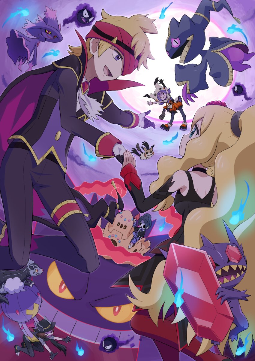 2girls, 3boys, :d, absurdres, acerola_(fall_2020)_(pokemon), acerola_(pokemon), allister_(pokemon), banette