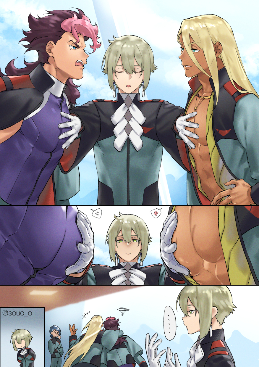1girl, 3boys, accidental_pervert, asticassia_school_uniform, blonde_hair, brown_hair, comic, dark-skinned_male