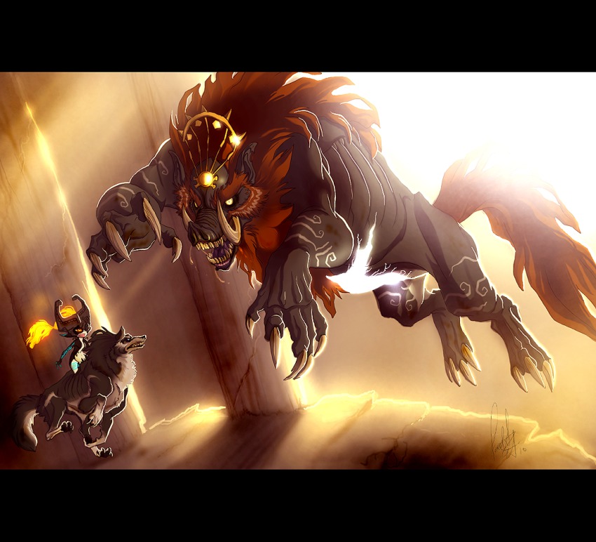 1girl, battle, boar, ganon, ganondorf, helmet, letterboxed, link