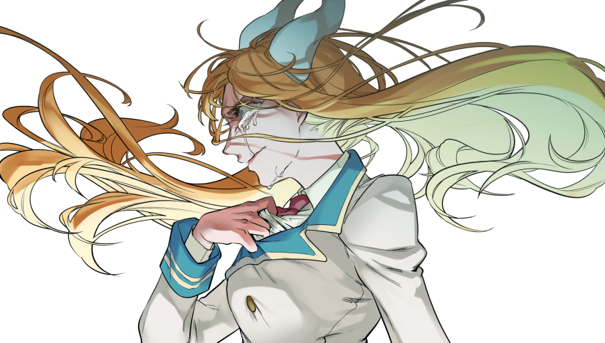 1girl, astarte_(housamo), blonde_hair, blue_eyes, clenched_hand, closed_mouth, collared_shirt, crying