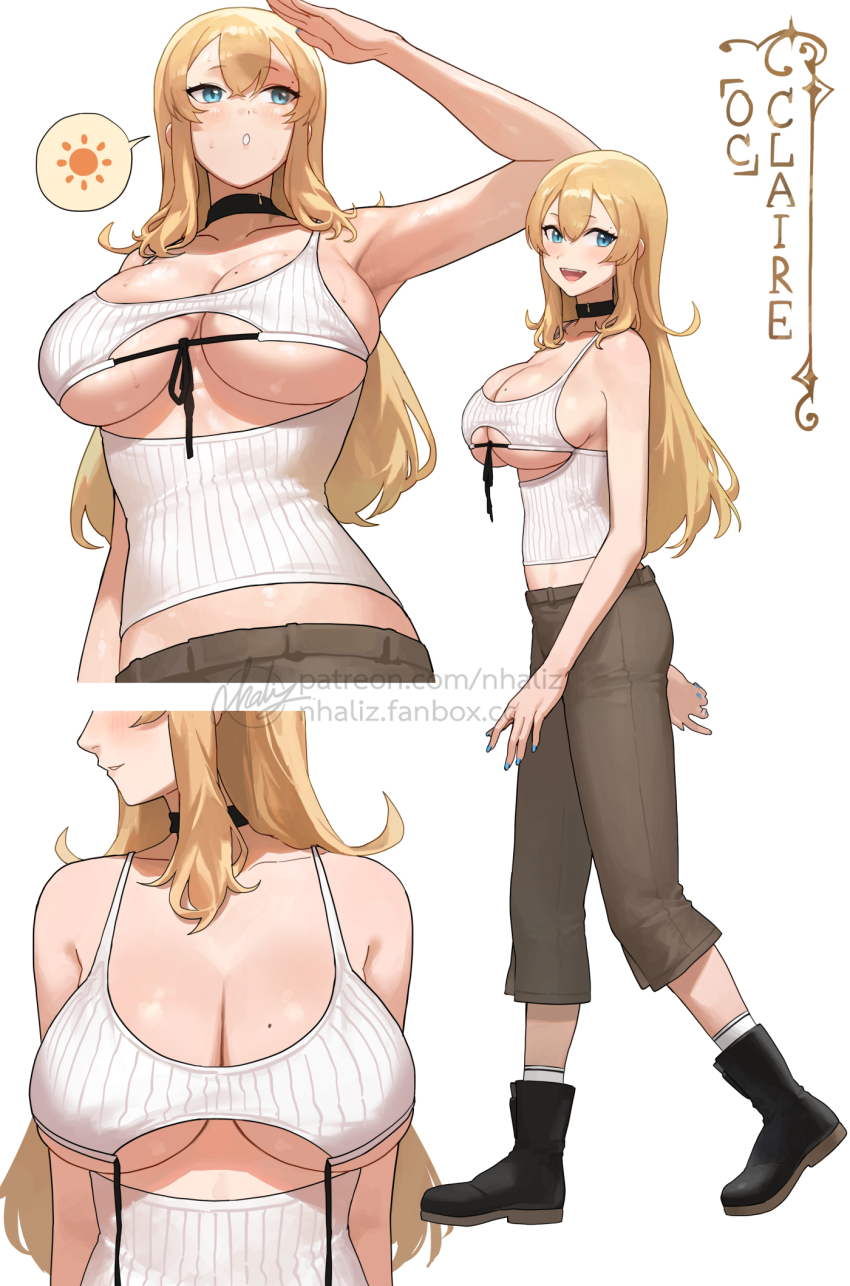 1girl, bare_arms, black_choker, blonde_hair, blue_eyes, blue_nails, boots, breasts, choker, claire_lamund_(nhaliz), full_body, hair_between_eyes, highres, large_breasts, long_hair, mole, mole_on_breast, multiple_views, nail_polish, nhaliz, original, sideboob, sidelocks, simple_background, skindentation, speech_bubble, spoken_sun, underboob, upper_body, walking, white_background