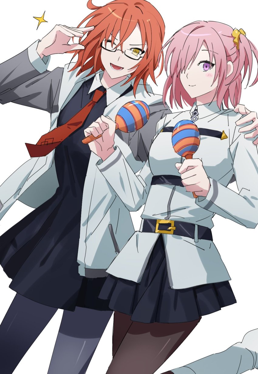 2girls, alternate_hairstyle, belt, belt_buckle, black-framed_eyewear, black_belt, black_dress, black_pantyhose, black_skirt, blush, bobi, boots, brown_pantyhose, buckle, chaldea_uniform, closed_mouth, collared_dress, commentary_request, cosplay, costume_switch, dress, fate/grand_order, fate_(series), fujimaru_ritsuka_(female), fujimaru_ritsuka_(female)_(cosplay), glasses, grey_jacket, hair_ornament, hair_over_one_eye, hair_scrunchie, hand_on_another's_shoulder, highres, holding, holding_instrument, holding_maracas, hood, hood_down, hooded_jacket, instrument, jacket, korean_commentary, light_purple_hair, long_sleeves, maracas, mash_kyrielight, mash_kyrielight_(cosplay), miniskirt, multicolored_jacket, multiple_girls, necktie, one_eye_closed, one_eye_covered, open_mouth, orange_hair, pantyhose, pocket, purple_eyes, red_necktie, scrunchie, short_hair, side_ponytail, simple_background, skirt, smile, two-tone_jacket, white_background, white_footwear, white_jacket, yellow_eyes, yellow_scrunchie