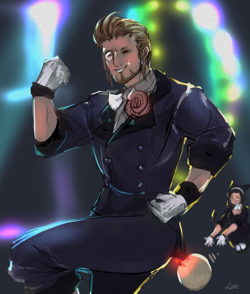 1boy, 1girl, animal_ears, arm_up, artist_name, backlighting, ball, bangs_pinned_back