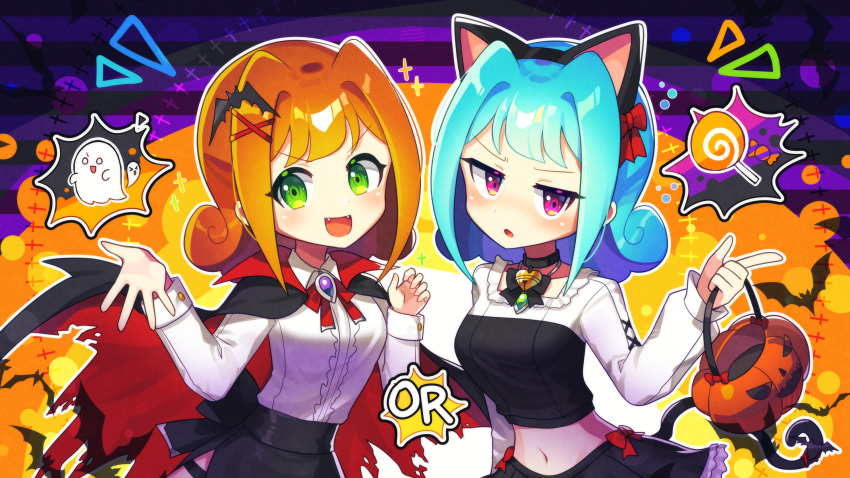 2girls, :d, absurdres, ally_(puyopuyo), animal_ears, aqua_hair, bat_hair_ornament, black_skirt