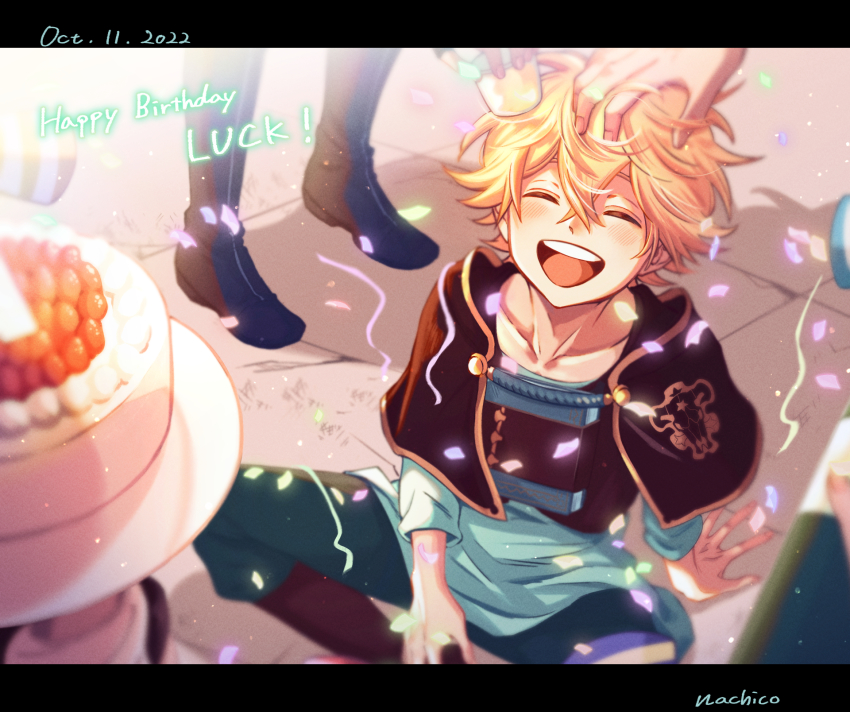 black_bulls_(emblem), black_capelet, black_clover, blonde_hair, brown_footwear, capelet, closed_eyes, dated