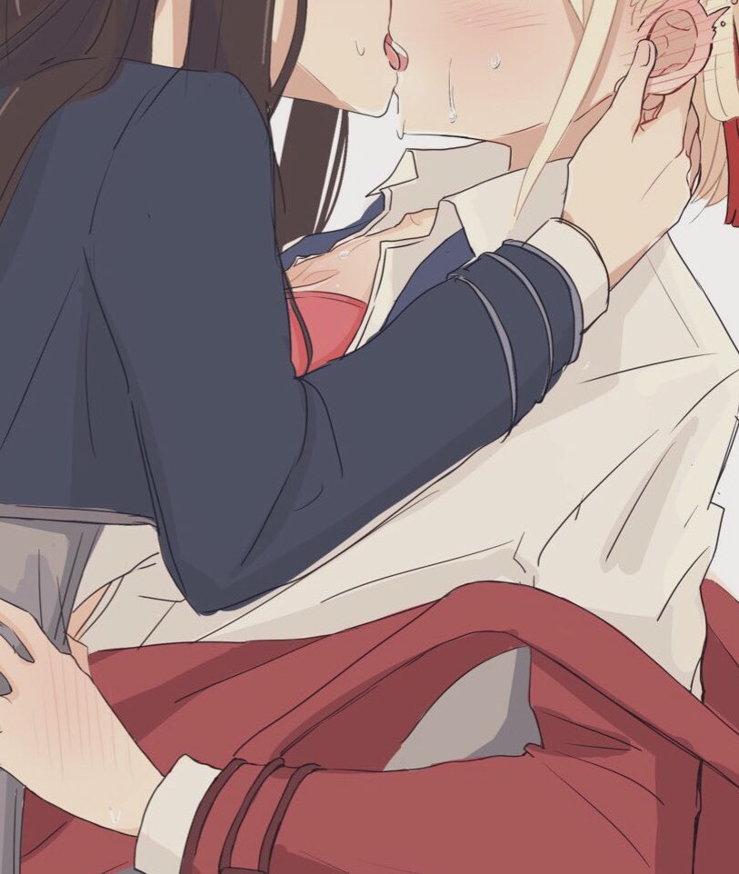2girls, black_hair, blonde_hair, blush, commentary_request, ear_blush, french_kiss, futaba_(rei-futaba), grabbing_another's_ear, hand_blush, hand_on_another's_ear, head_out_of_frame, inoue_takina, kiss, lycoris_recoil, multiple_girls, nishikigi_chisato, parted_lips, teeth, tongue, upper_teeth_only, yuri