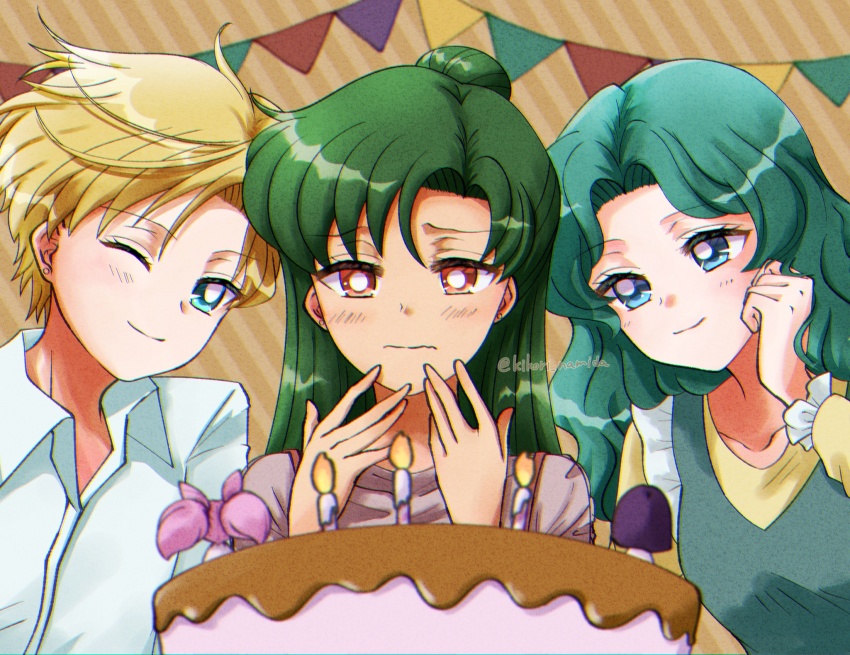 birthday_cake, birthday_celebration, bishoujo_senshi_sailor_moon, cake, food, highres, kaiou_michiru, meiou_setsuna, sailor_neptune, sailor_pluto, sailor_uranus, ten'ou_haruka