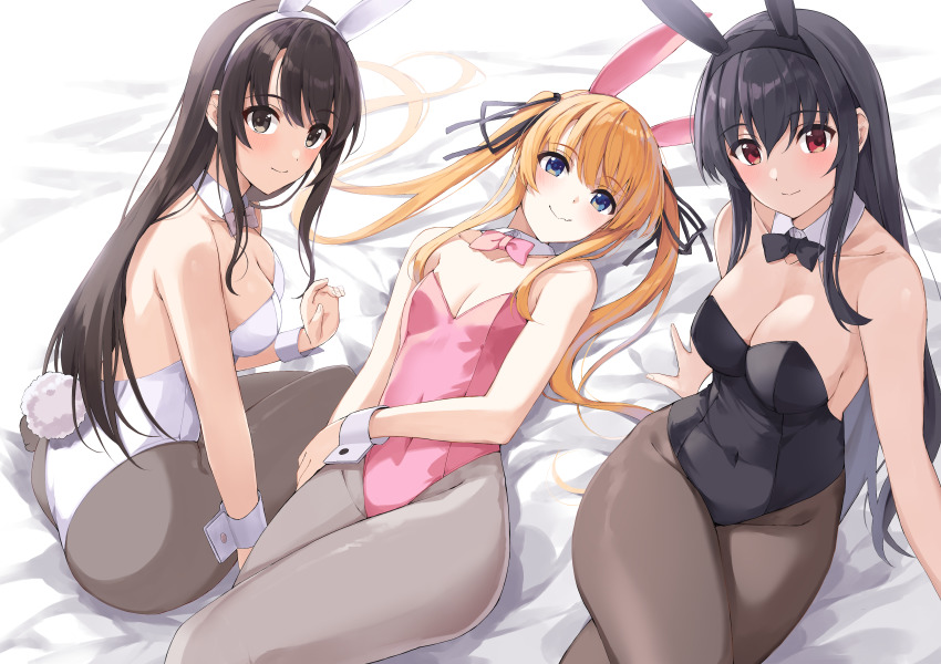 3girls, absurdres, animal_ears, backless_outfit, bare_arms, bed_sheet, black_bow, black_hair