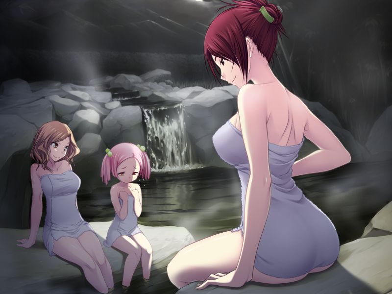 3girls, amakasu_mayo, ass, bare_arms, bare_legs, breasts, brown_hair, collarbone, flat_chest, game_cg, hair_bobbles, hair_ornament, kawagishi_keitarou, kojima_umeko, large_breasts, leaning_back, long_hair, maji_de_watashi_ni_koi_shinasai!, multiple_girls, naked_towel, night, ogasawara_chika, onsen, parted_bangs, pink_hair, profile, red_hair, short_hair, sideboob, sitting, soaking_feet, towel, twintails, water, waterfall