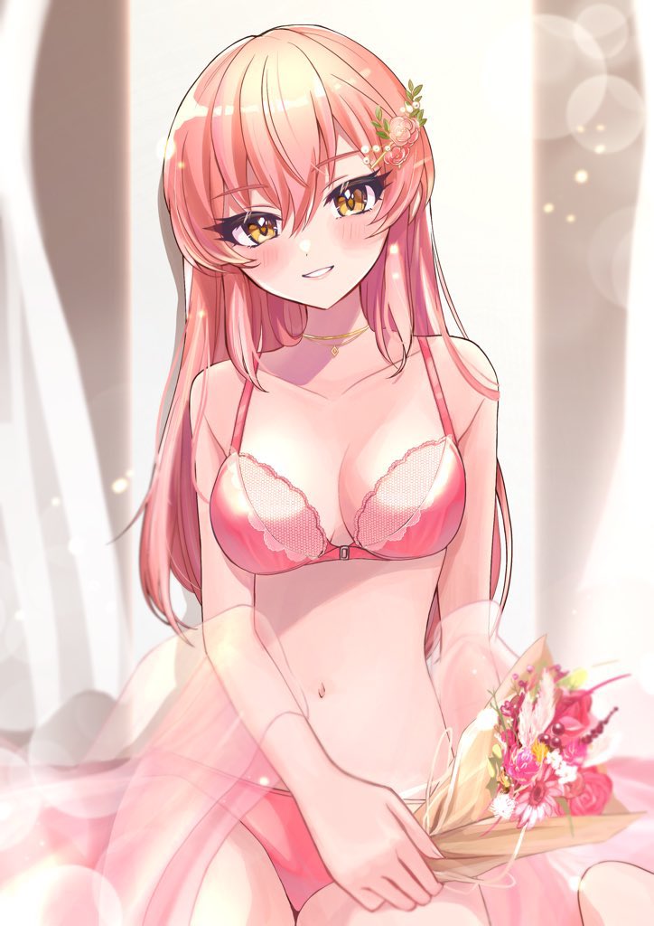 1girl, blush, bouquet, bra, breasts, cleavage, collarbone, flower