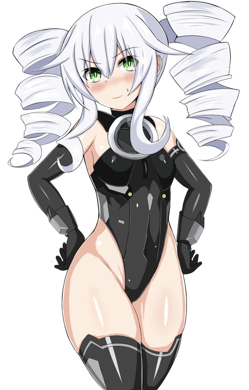 armpits, bare_shoulders, black_sister, blush, bodysuit, boots, breasts, drill_hair