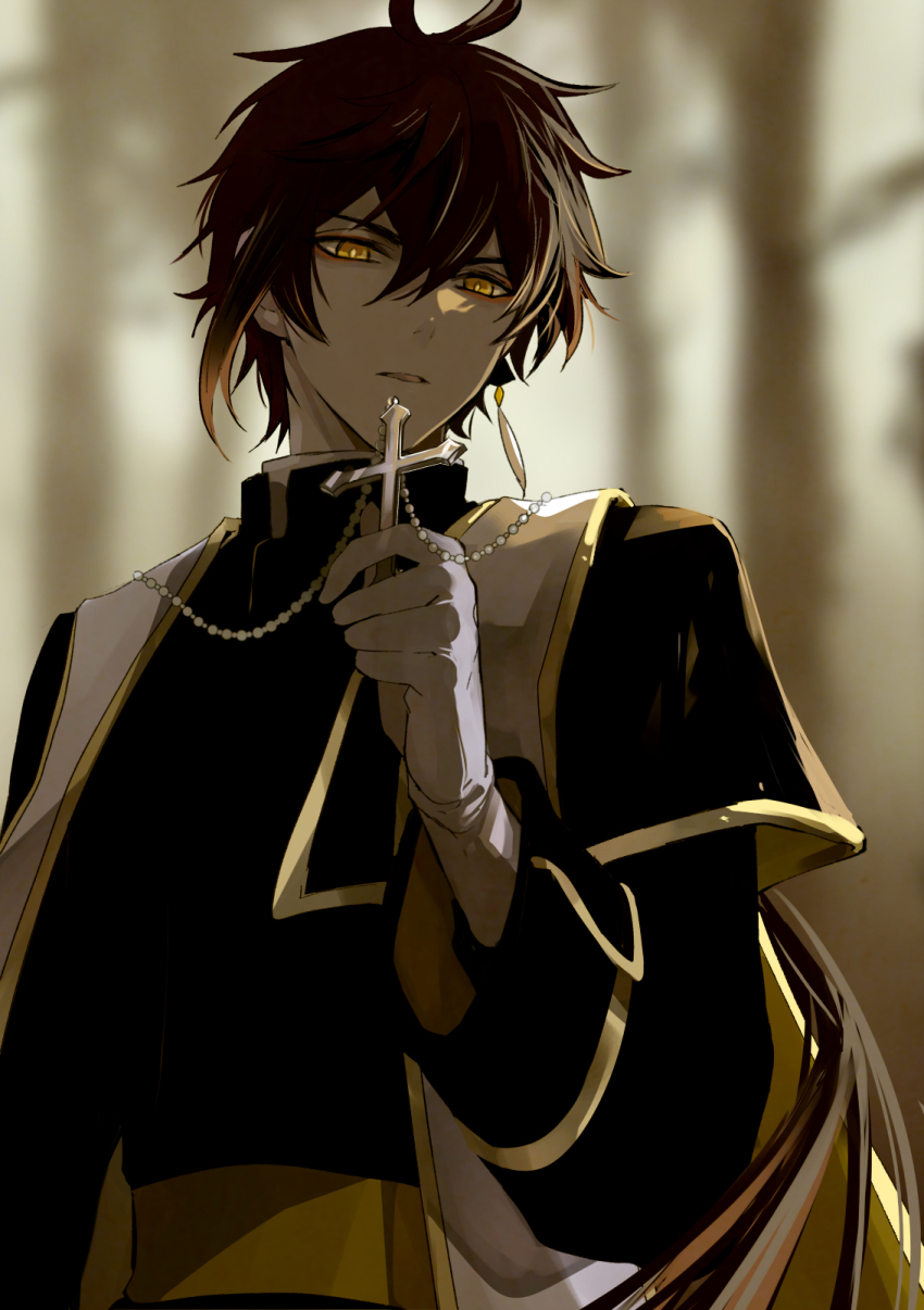 1boy, ahoge, alternate_costume, belt, black_capelet, black_hair, black_jacket, blurry, blurry_background, capelet, church, closed_mouth, commentary_request, cross, earrings, genshin_impact, gloves, gradient_hair, grey_gloves, hair_between_eyes, hand_up, highres, holding, holding_cross, indoors, jacket, jewelry, long_hair, long_sleeves, looking_to_the_side, male_focus, mori_morii, multicolored_hair, necklace, orange_hair, ponytail, single_earring, solo, tassel, tassel_earrings, teeth, two-tone_hair, v-shaped_eyebrows, yellow_belt, yellow_eyes, zhongli_(genshin_impact)