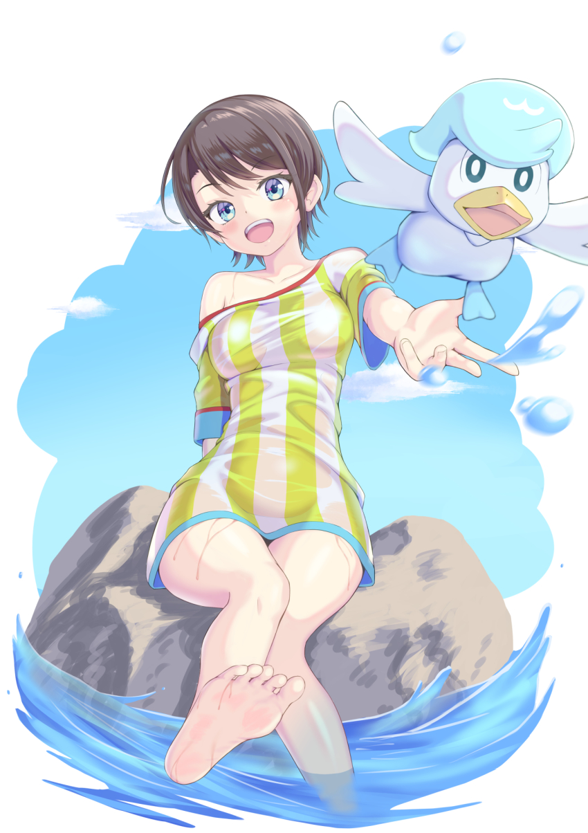 1girl, aqua_eyes, bare_legs, bare_shoulders, barefoot, bird, blue-footed_booby, breasts, brown_hair, dorai, fisheye, highres, hololive, looking_at_viewer, loose_clothes, loose_shirt, medium_breasts, naked_shirt, off_shoulder, oozora_subaru, oozora_subaru_(1st_costume), open_mouth, oversized_clothes, oversized_shirt, reaching, reaching_towards_viewer, shirt, shirt_slip, short_hair, short_sleeves, sitting, smile, soles, striped_clothes, striped_shirt, swept_bangs, t-shirt, taut_clothes, taut_shirt, toes, two-tone_shirt, vertical-striped_clothes, vertical-striped_shirt, virtual_youtuber, wet, wet_clothes, wet_shirt