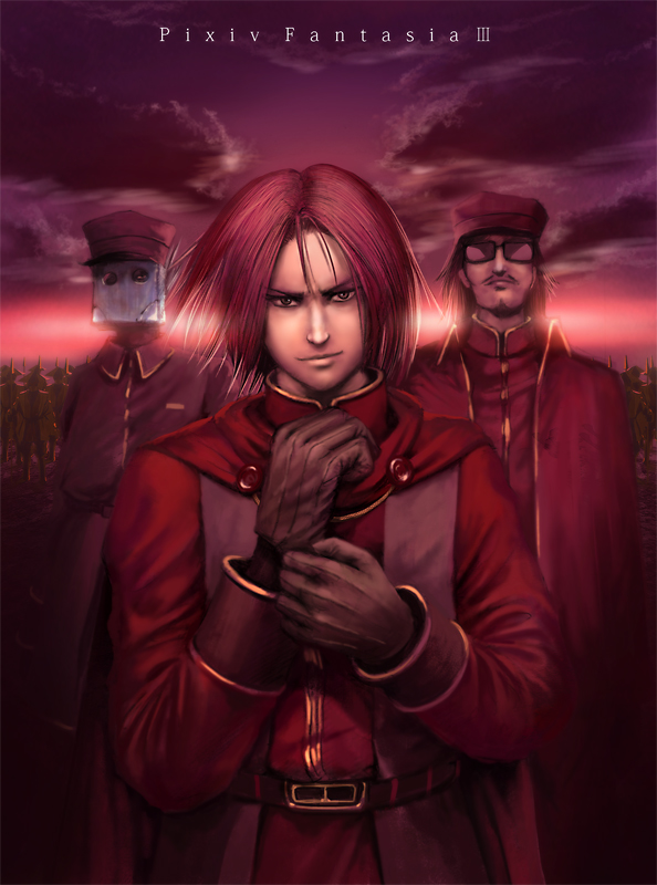 3boys, akatsuhara_empire, army, belt, blonde_hair, cape, cloud, glasses