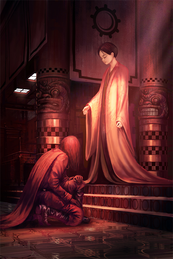 1boy, 1girl, akatsuhara_empire, boots, bowing, cloak, closed_eyes, crescent