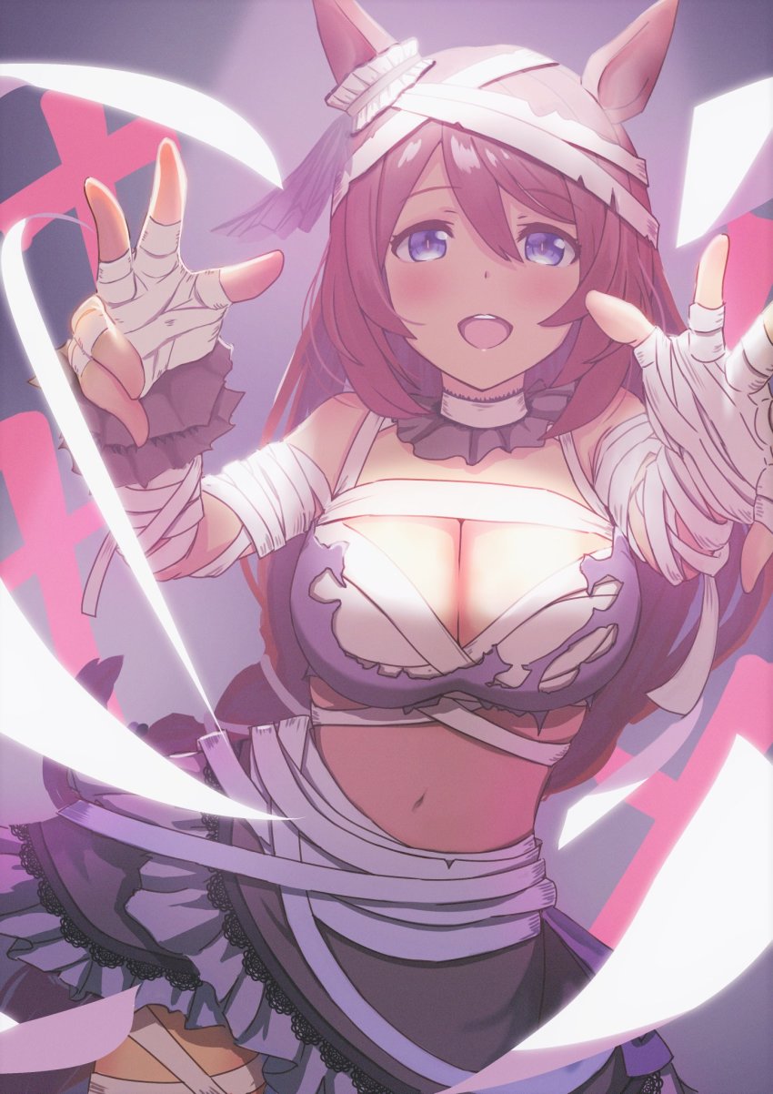 1girl, animal_ears, bandaged_arm, bandaged_head, bandages, blue_eyes, blue_shirt, blue_skirt