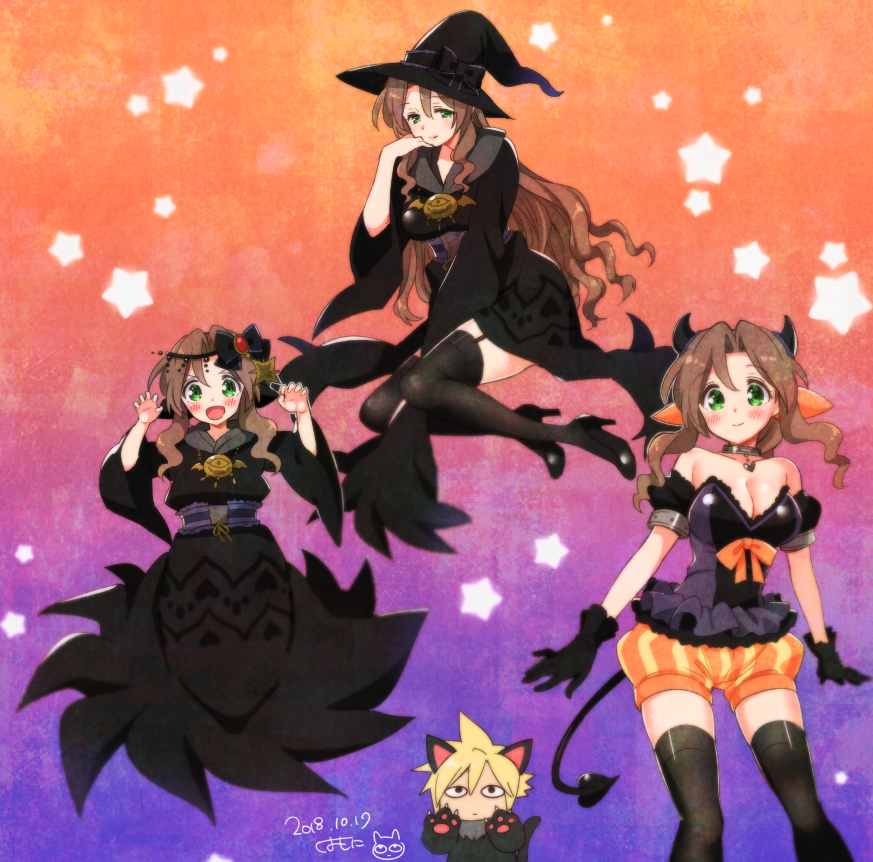 1boy, 1girl, aerith_gainsborough, ahriman, animal_ears, animal_hands, artist_name, bare_shoulders, belt, black_bow, black_dress, black_footwear, black_fur, black_gloves, black_horns, black_ribbon, black_shirt, black_thighhighs, blonde_hair, bloomers, blush, bow, braid, braided_ponytail, breasts, brown_hair, cat_boy, cat_ears, cat_paws, chibi, cleavage, cloud_strife, dated, demon_tail, detached_sleeves, dress, final_fantasy, final_fantasy_airborne_brigade, final_fantasy_vii, full_body, garter_straps, gloves, gradient_background, green_eyes, grey_sailor_collar, hair_between_eyes, hair_bow, hair_ribbon, halloween, halloween_costume, hands_up, hat, head_chain, high_heels, horns, jewelry, krudears, long_dress, long_hair, looking_at_viewer, medium_breasts, multiple_views, official_alternate_costume, open_mouth, orange_background, orange_bloomers, orange_bow, orange_ribbon, parted_bangs, pendant_choker, puffy_short_sleeves, puffy_sleeves, pumps, purple_background, ribbon, sailor_collar, shirt, short_hair, short_sleeves, side_slit, sidelocks, spiked_hair, square_enix, star_(symbol), strapless, strapless_shirt, tail, thighhighs, underwear, variations, wavy_hair, wide_sleeves, witch, witch_hat, zettai_ryouiki