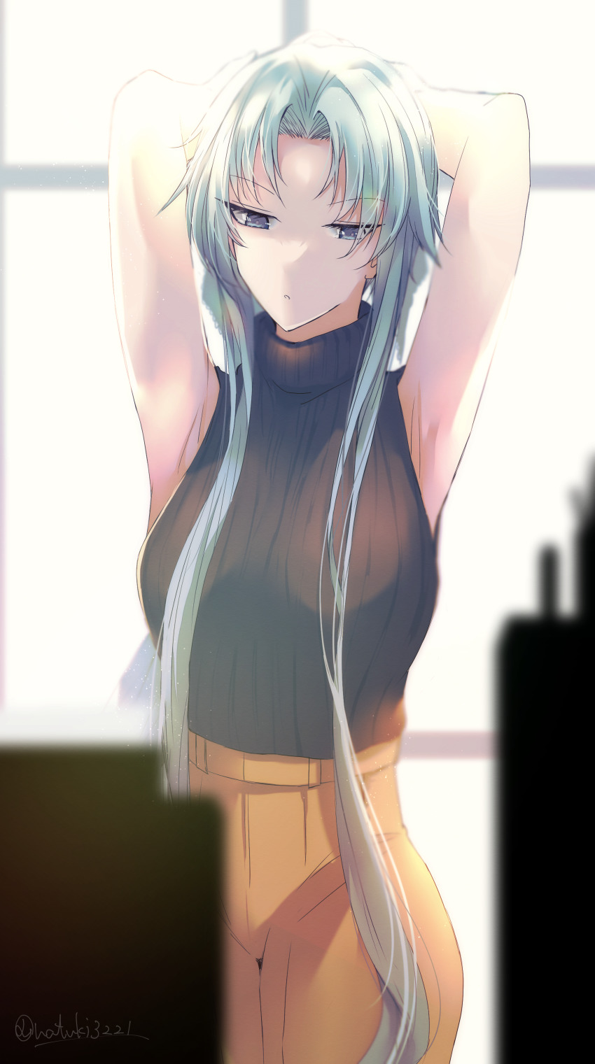 1girl, absurdres, alternate_costume, armpits, arms_behind_head, azur_lane, black_sweater, blue_eyes