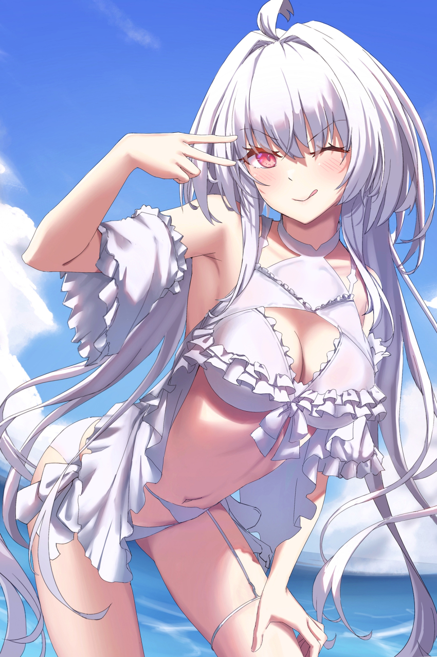 1girl, ;q, absurdres, ahoge, bikini, blue_sky, blush, breasts, cleavage, cloud, commentary, day, fate/grand_order, fate_(series), frilled_bikini, frills, hair_intakes, highres, lady_avalon_(fate), lady_avalon_(second_ascension)_(fate), large_breasts, long_hair, looking_at_viewer, lucky_ckm, merlin_(fate/prototype), merlin_(swimsuit_pretender)_(second_ascension)_(fate/prototype), navel, one_eye_closed, outdoors, pink_eyes, sky, smile, solo, stomach, swimsuit, tongue, tongue_out, v, very_long_hair, water, white_bikini, white_hair