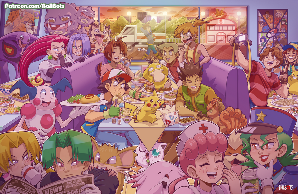 arbok, ash_ketchum, bacon, blaine_(pokemon), blonde_hair, booth_seating, brock_(pokemon), brown_eyes