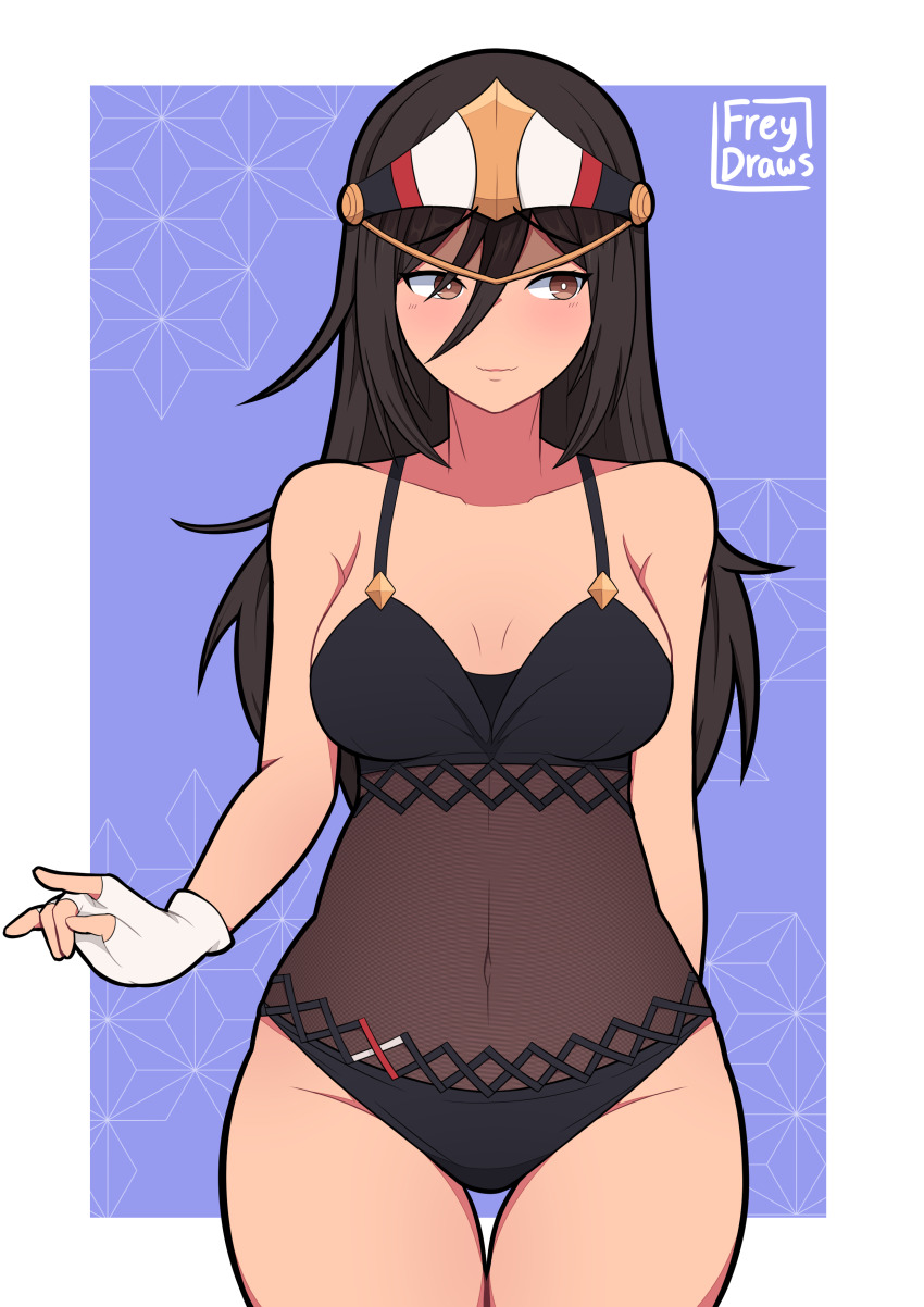 1girl, absurdres, artist_name, black_hair, black_one-piece_swimsuit, border, breasts, brown_hair