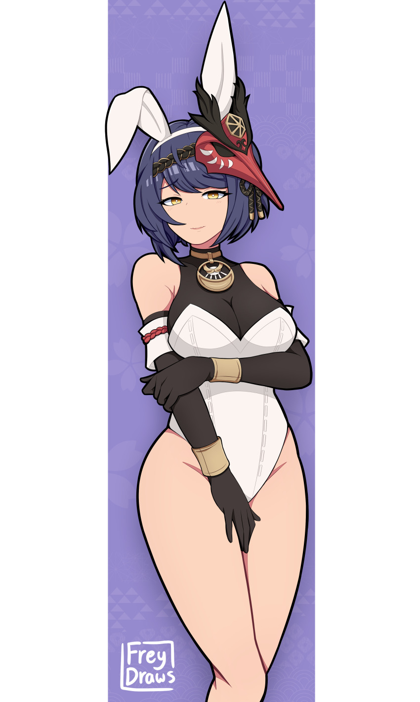 1girl, absurdres, animal_ears, arm_under_breasts, artist_name, bare_shoulders, black_gloves, breasts