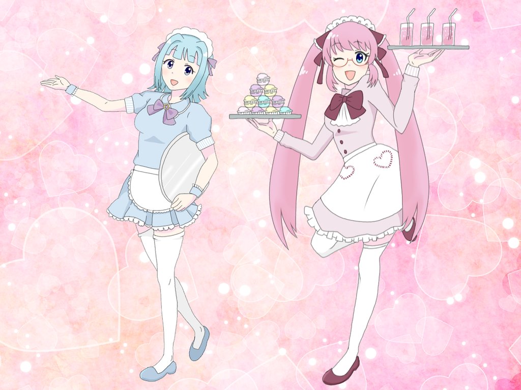 2girls, akiba-tan, blue_dress, dress, maid, multiple_girls, pink_dress, pink_hair
