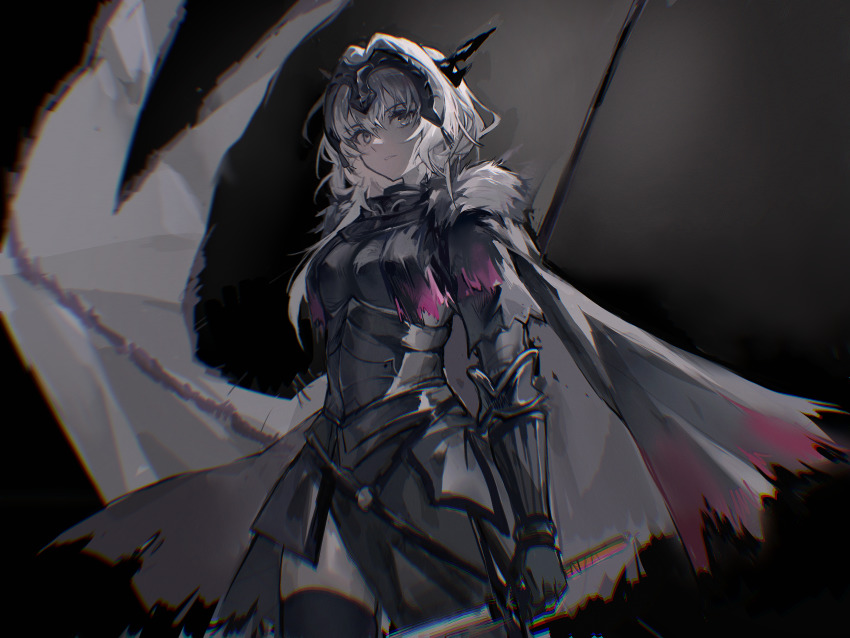 1girl, absurdres, alternate_costume, arknights, armor, black_thighhighs, breastplate, breasts, cape, cow, dragon_horns, fate/grand_order, fate_(series), gauntlets, grey_background, grey_cape, grey_eyes, grey_hair, hair_between_eyes, hair_intakes, headgear, highres, holding, holding_sword, holding_weapon, horns, jeanne_d'arc_alter_(fate), lin_qing_(phosphorus_1104), long_hair, looking_at_viewer, simple_background, small_breasts, solo, sword, talulah_(arknights), thighhighs, voice_actor_connection, weapon