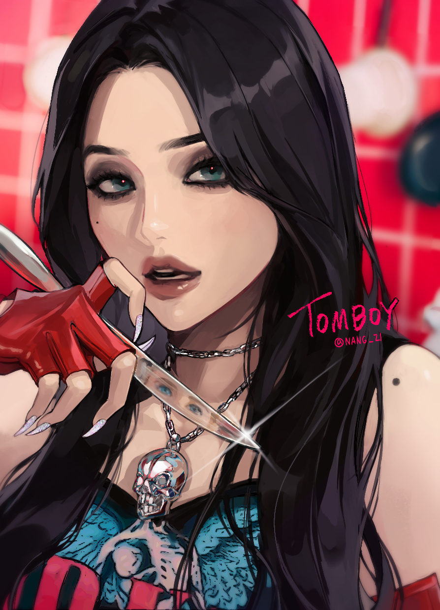 1girl, black_hair, blurry, blurry_background, eyeliner, eyeshadow, fingerless_gloves, fingernails, gloves, highres, holding, holding_knife, i-dle, jewelry, k-pop, knife, lips, lipstick, long_fingernails, long_hair, makeup, mole, mole_under_eye, nang_z1, necklace, real_life, red_gloves, skull_necklace, solo, soyeon, tomboy_(i-dle), twitter_username, upper_body
