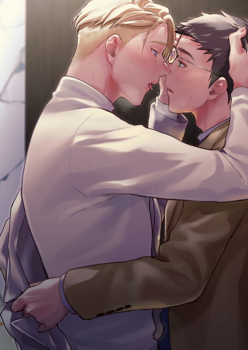 2boys, after_kiss, black_hair, blonde_hair, blush, brown_jacket, couple, glasses