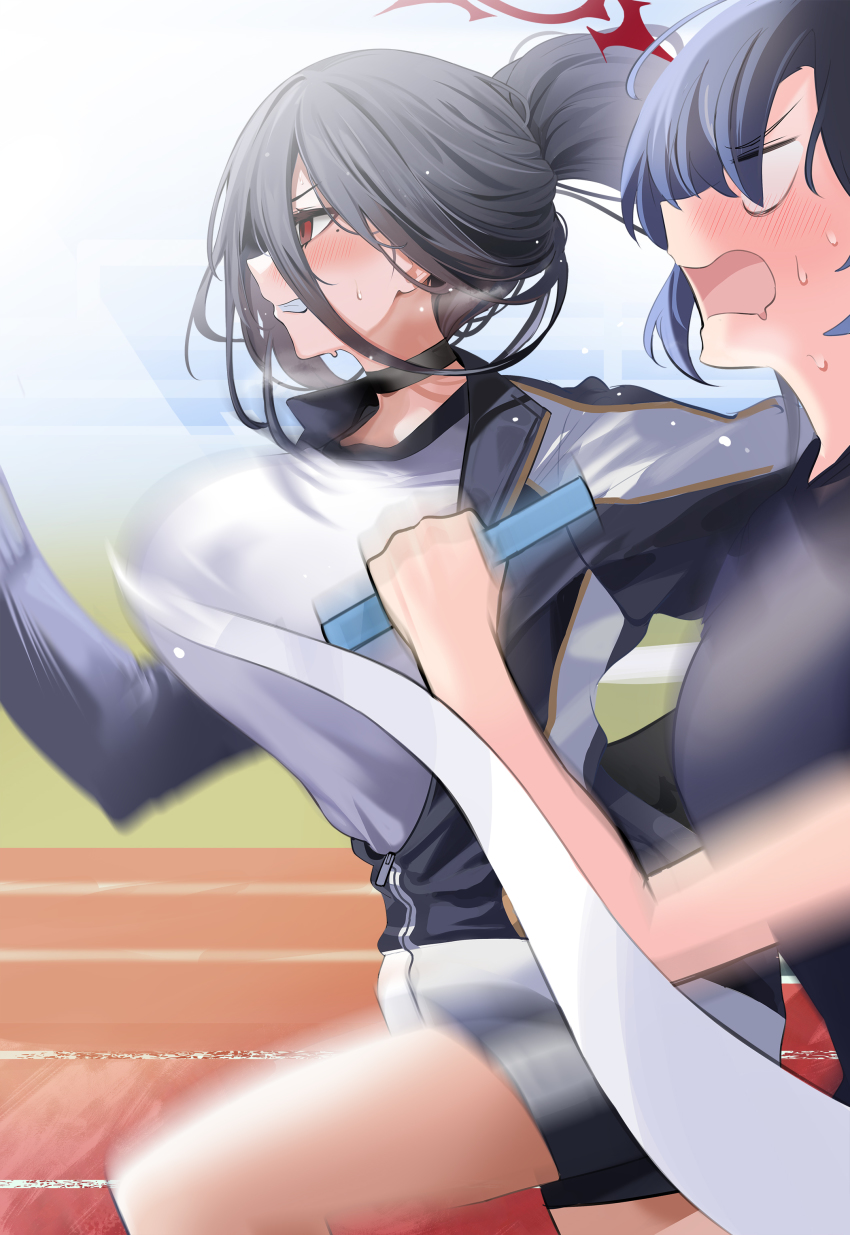 2girls, absurdres, black_choker, black_hair, black_shirt, blue_archive, blush, breasts