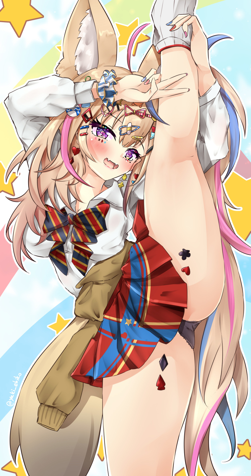 1girl, absurdres, animal_ears, black_hair, black_panties, blonde_hair, blush, bow