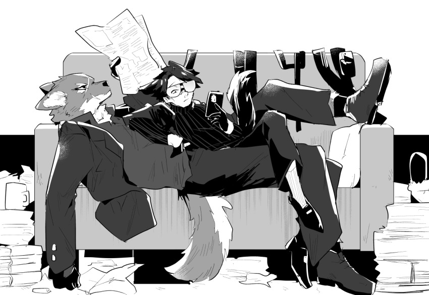 animal_ears, arknights, bishounen, black_gloves, brothers, capone_(arknights), cellphone, couch