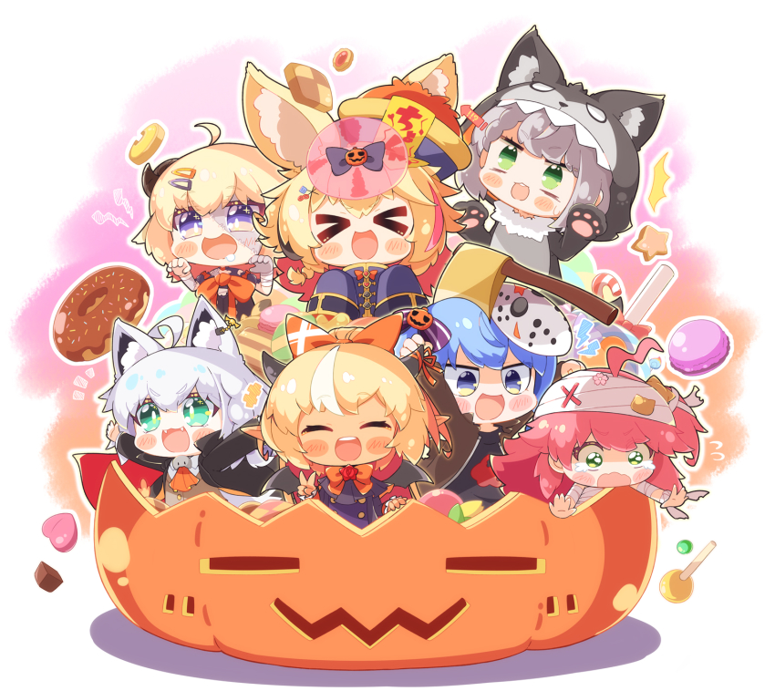 >_<, 6+girls, ahoge, animal_ear_fluff, animal_ears, arms_up, axe, blonde_hair