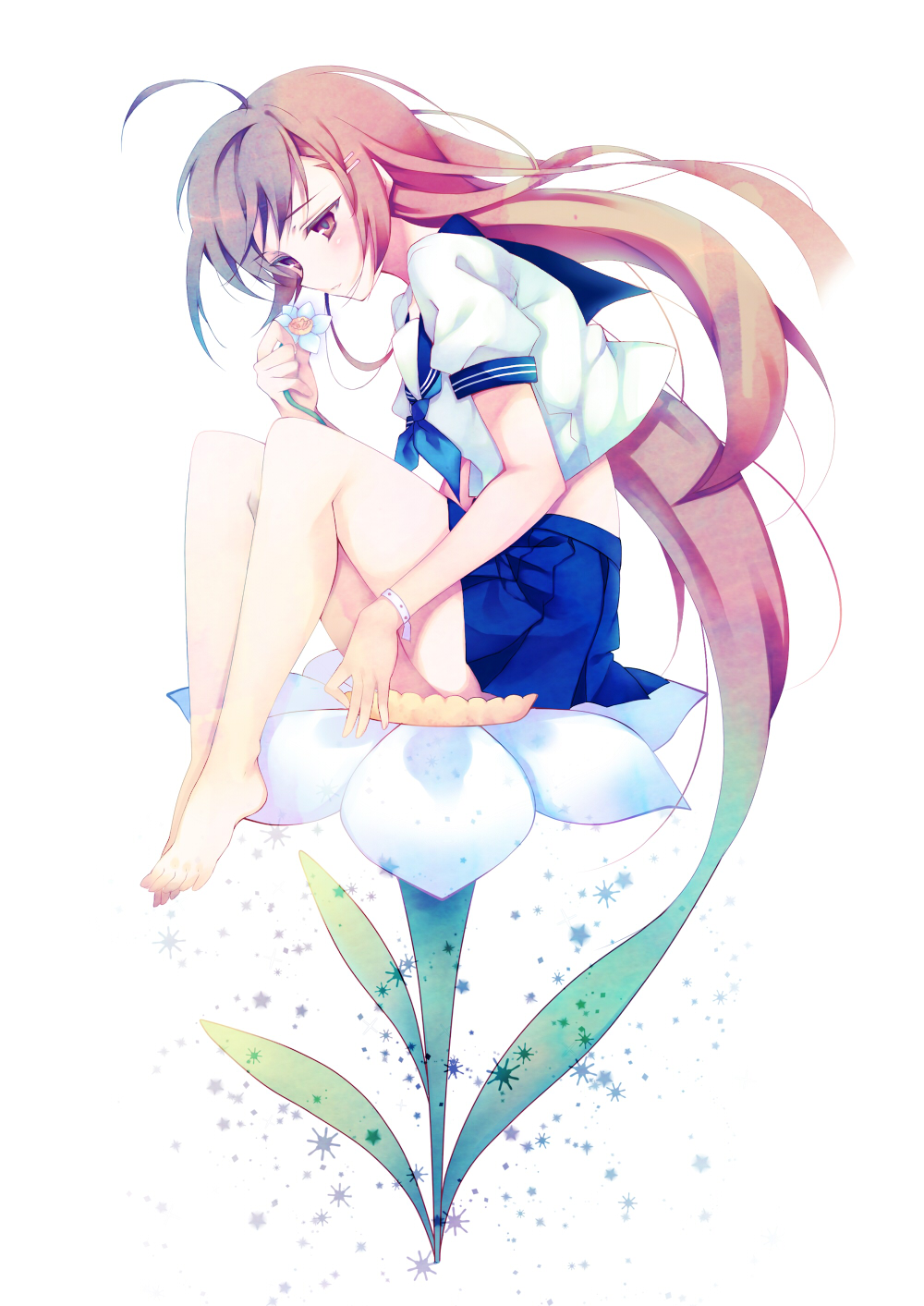 1girl, \||/, ahoge, bad_id, bad_pixiv_id, barefoot, blush, brown_eyes