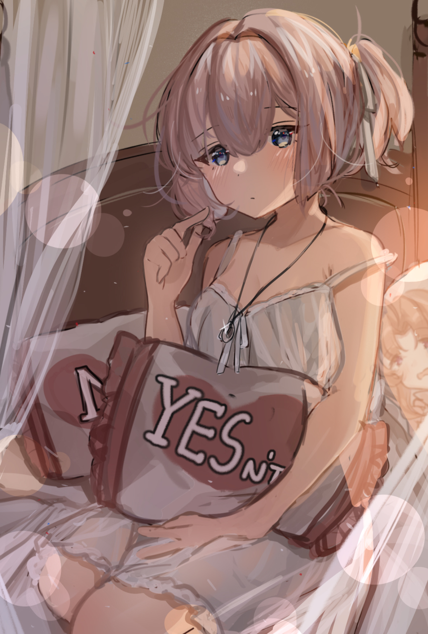 2girls, alternate_costume, bed, blue_eyes, commentary_request, curtains, highres, jewelry