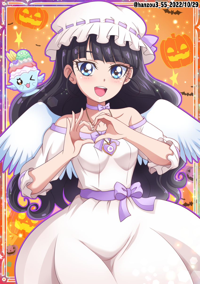 1girl, angel, angel_wings, bare_shoulders, bat_(animal), black_hair, blue_eyes, breasts, choker, dated, delicious_party_precure, dress, feathered_wings, halloween_costume, hanzou, hat, hat_ribbon, heart, heart_hands, highres, jack-o'-lantern, jewelry, kasai_amane, long_hair, long_sleeves, looking_at_viewer, mob_cap, off_shoulder, open_mouth, orange_background, parfait_recipipi, pendant, precure, pumpkin, purple_choker, recipipi, ribbon, small_breasts, twitter_username, white_wings, wings
