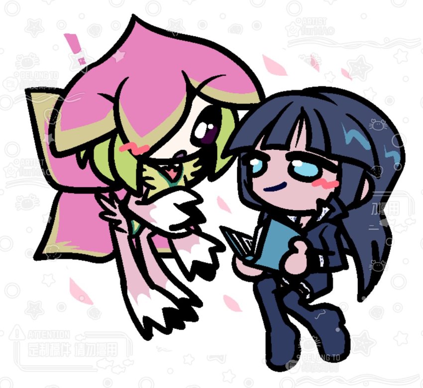 2girls, bakamaokun, black_hair, blue_eyes, blunt_bangs, blush, digimon, fairy, flower, hair_over_one_eye, lilamon, long_hair, monster_girl, multiple_girls, nico_robin, nico_robin_(water_7), one_piece, petals, plant, plant_girl, purple_eyes, smile