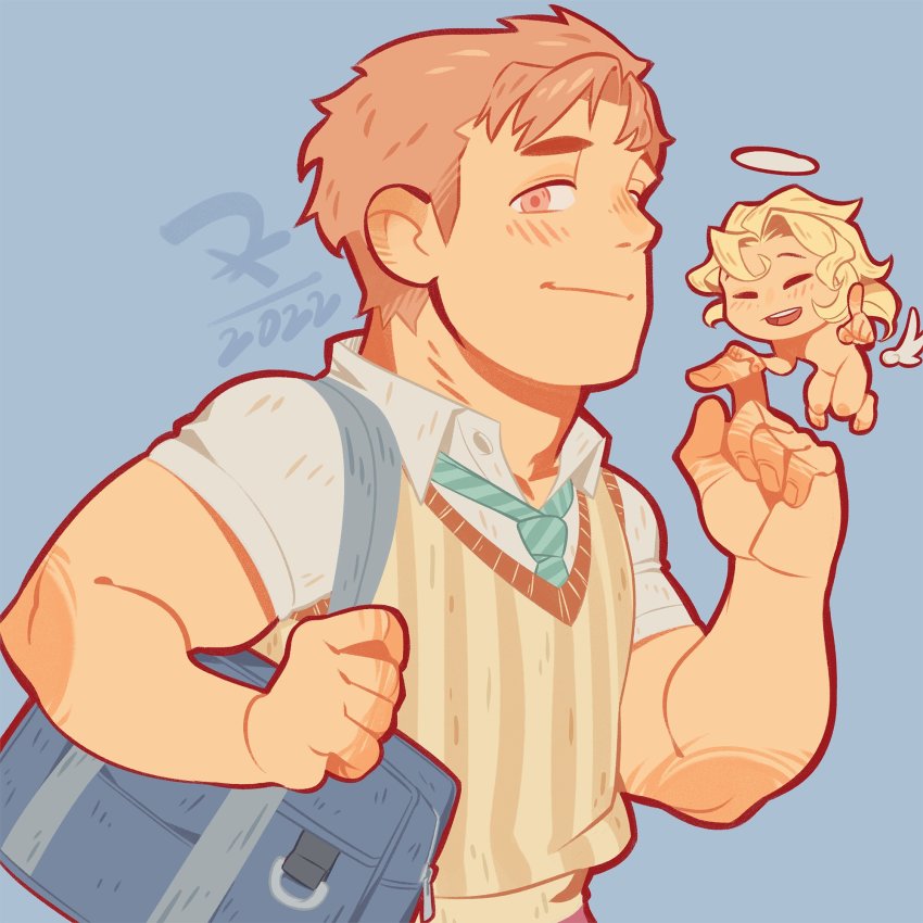 2022, 2boys, all_saints_street_(style), bag, blonde_hair, blue_background, blue_bag, blush